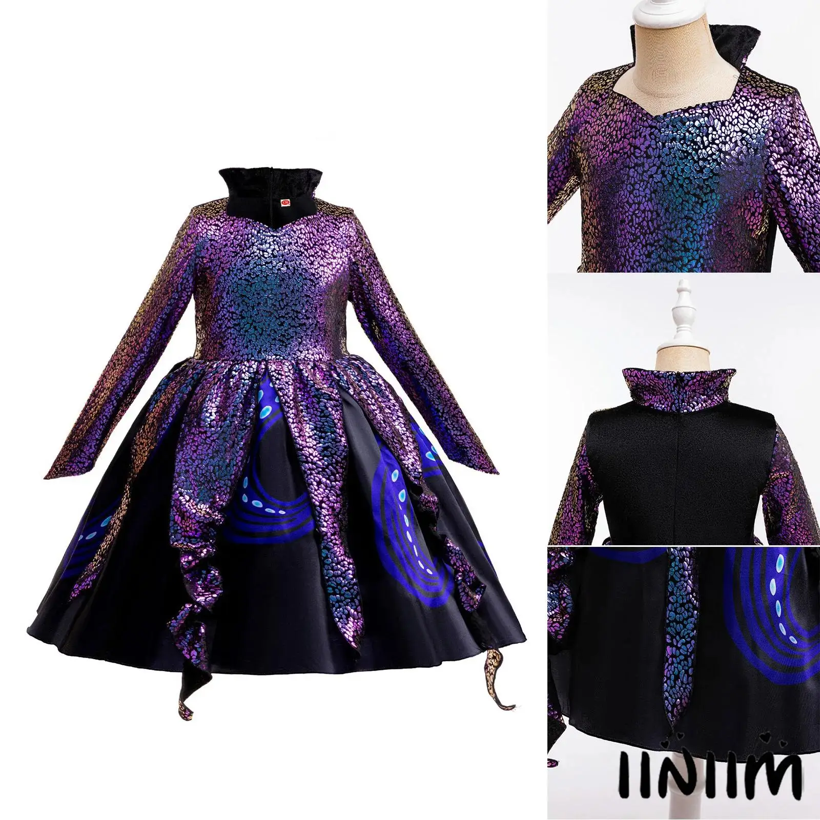 

Halloween Kids Girls Sea Witch Cosplay Mermaid Dress Stand-Up Collar Long Sleeve Gloss Patchwork Back Invisible Zipper Dress