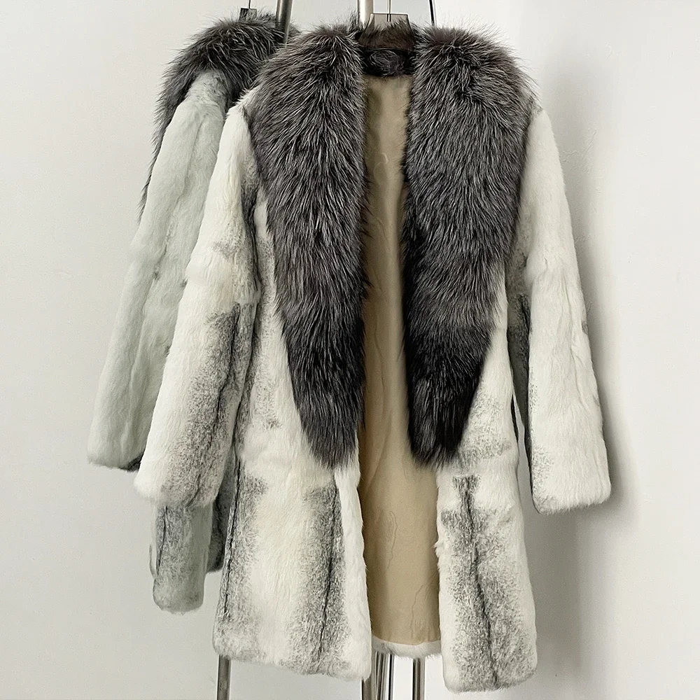 Chaqueta de piel de realidad para mujer, cuello de piel de zorro auténtica, abrigo de piel de conejo Natural grueso y cálido de lujo de longitud media para otoño e invierno