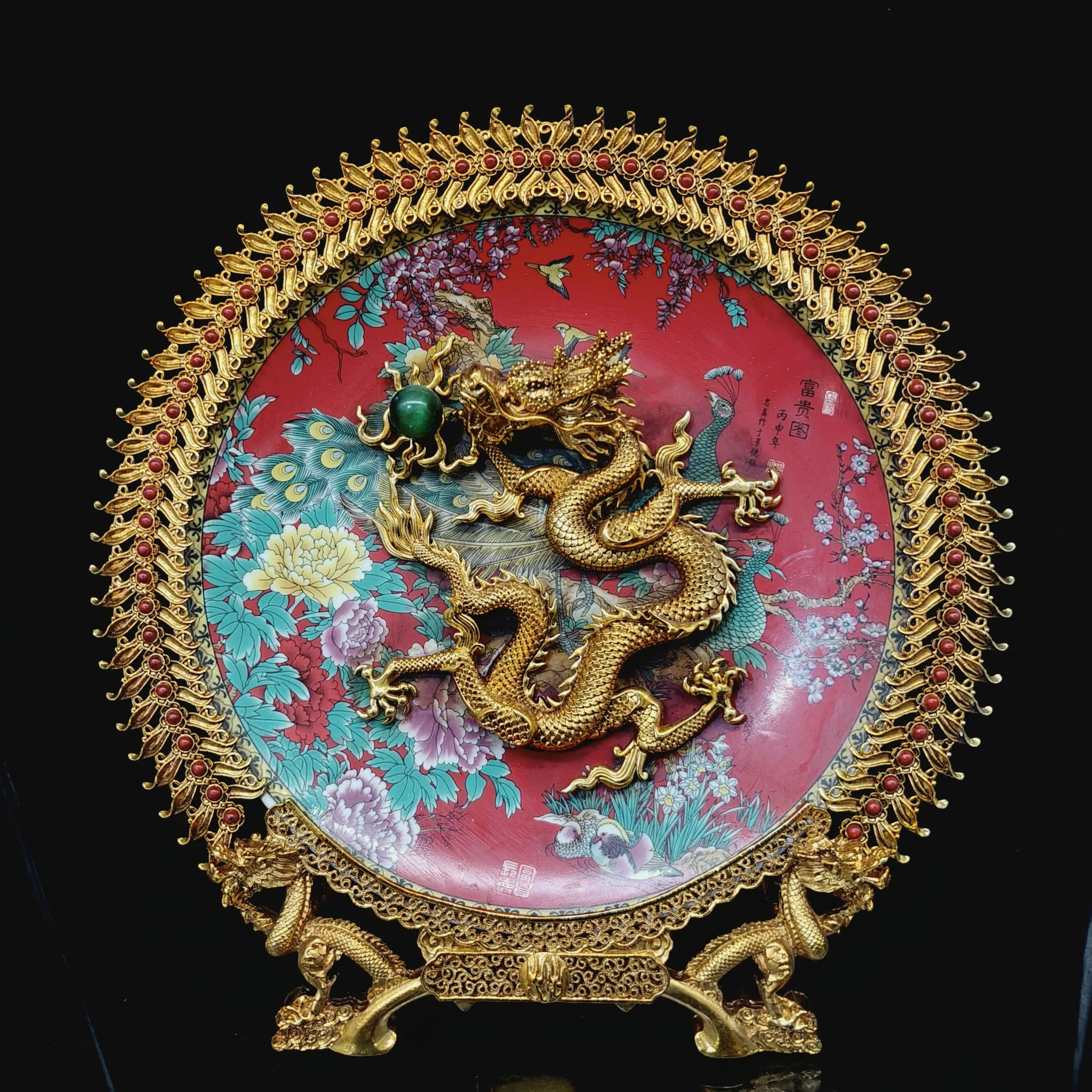 Nepal Antique Style Porcelain Plate High Relief Dragon Filigree Gilt Home Decor Collectible Dish