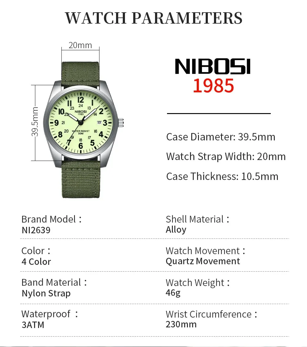 NIBOSI Fashion Mens Watches Luminous Nylon Band Military Watch For Men Army Quartz Sports Shock Clock Wristwatches Reloj Hombre