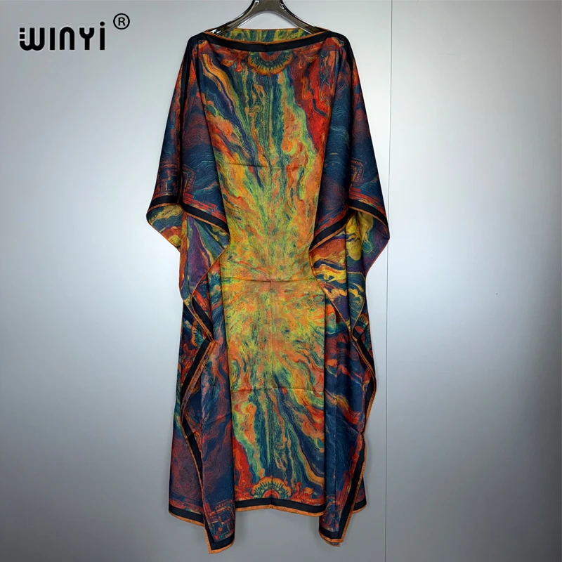 

WINYI Bohemian Summer Beach Dress Boho Printing Elegant silk maxi dress muslim woman Evening party kaftan abaya dubai luxury