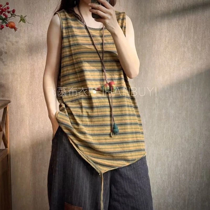 

Новинка 2026 года: Летние женские топы в стиле арт-деко, асимметричные полосатые майки с круглым вырезом из хлопка, винтажные безрукавки F59