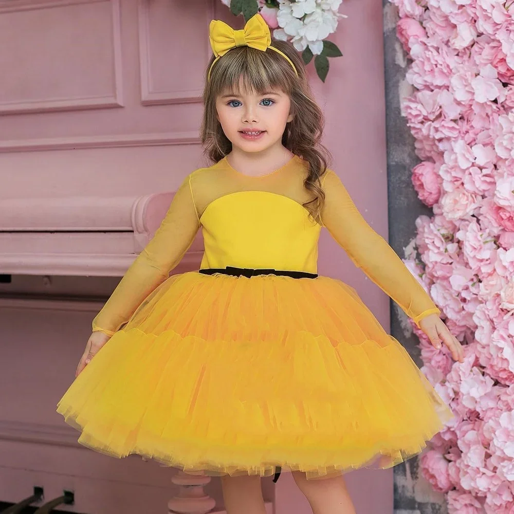 맞춤형 핑크 플라워 걸 드레스 풀 슬리브 부드러운 튤 라운드 칼라 웨딩 파티 가운 새로운 티어드 커뮤니언 맞춤형