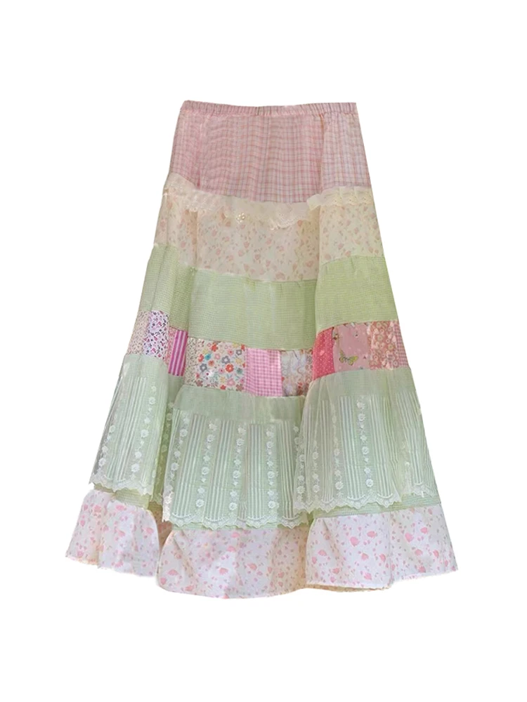 

Sweet Floral Patchwork A-Line Midi Skirt Women's Dopane Pure Desire Waist Cinching Slimming Long Skirt Gentle Breeze