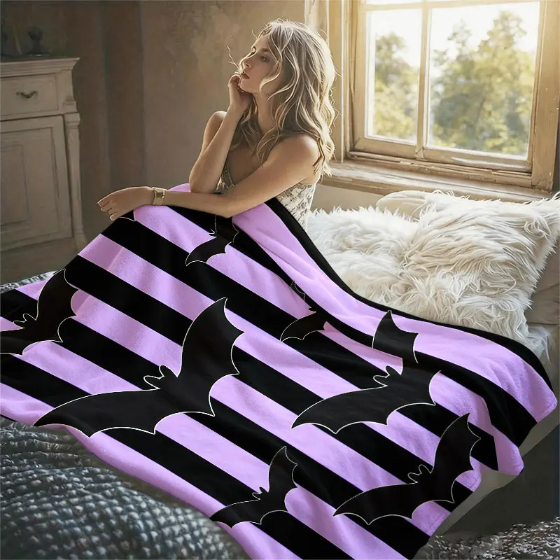 Striped Bat Print Flannel Blanket Warm Soft Halloween Christmas Decorative Couch Warm Cozy All-Season Gift
