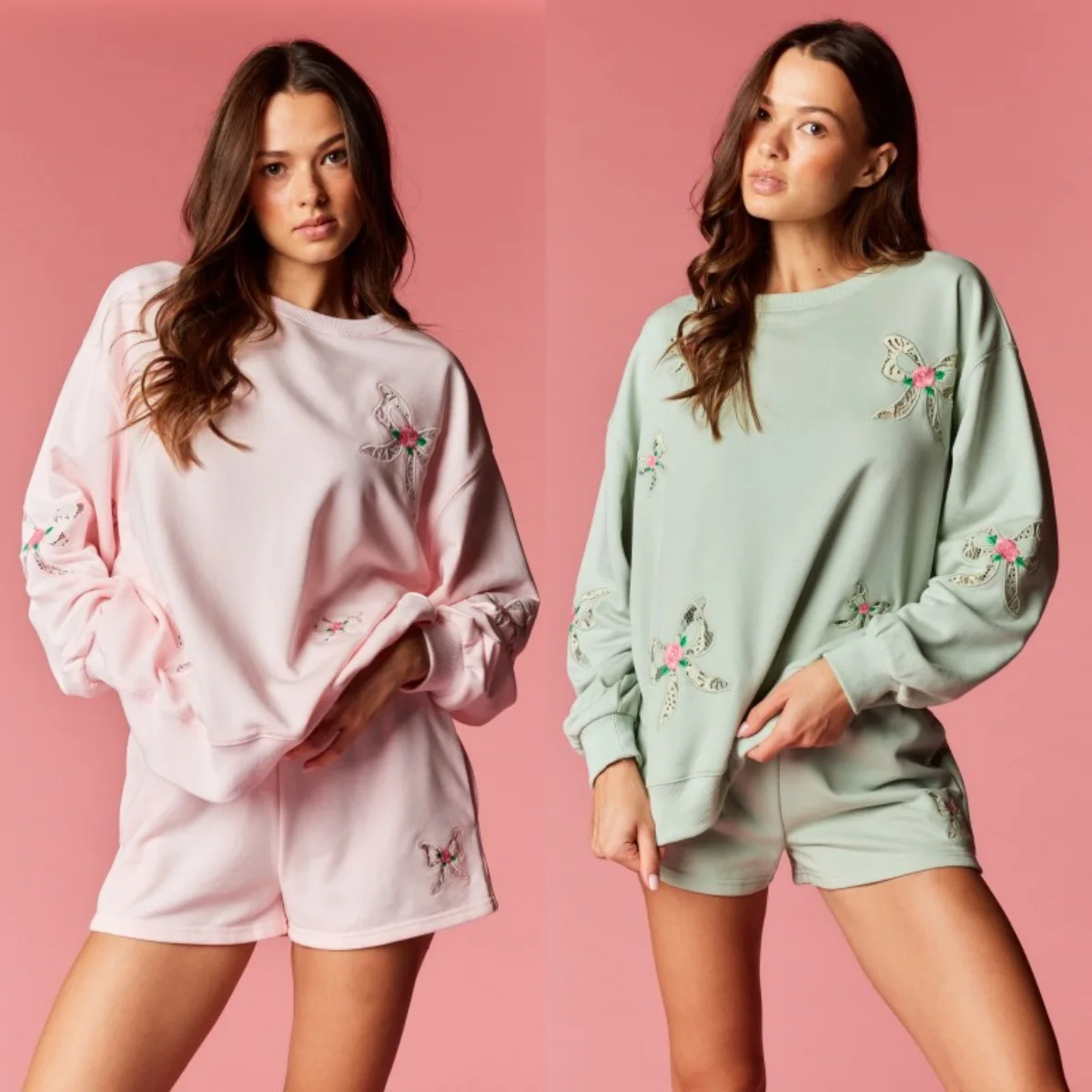 

Lace Patchwork Long Sleeve Hoodie And Shorts Two-Piece Set for Women Spring Fashion Outfit Floral Print round Neck Design