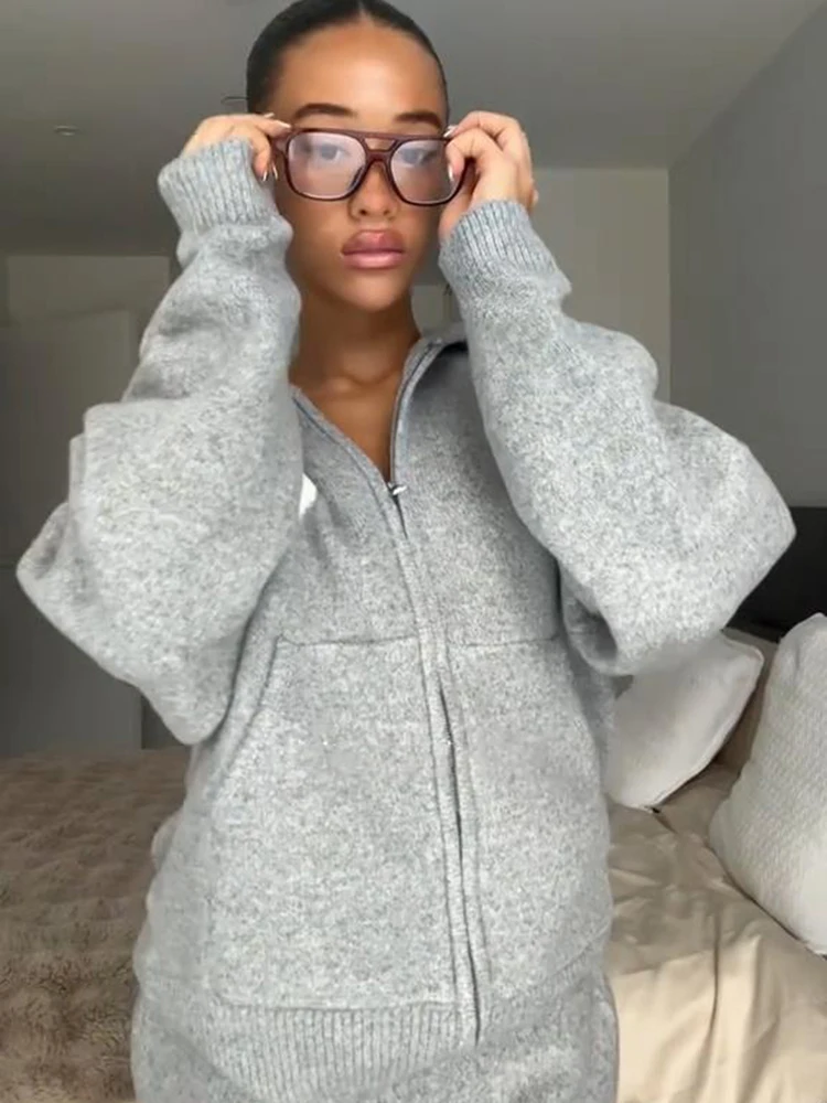 Lässige Damen Herbst Streetwear Kapuzenpullover mit Langen Ärmeln, Reißverschlusstaschen, Strickwaren und Weiten Hosen, Modische Damenkleidung 2026