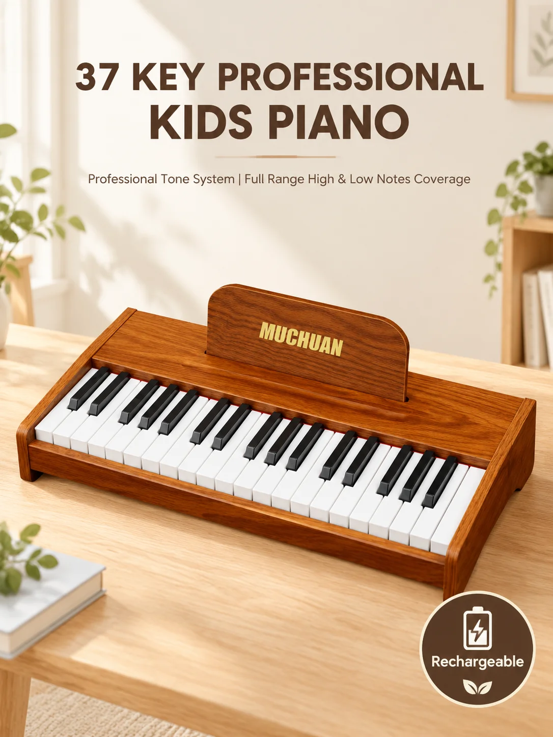 37 Keys Kids Wooden Electronic Piano Portable Children Keyboard Musical Instrument Toy Early Learning Education Gift for 3‑8 Yea