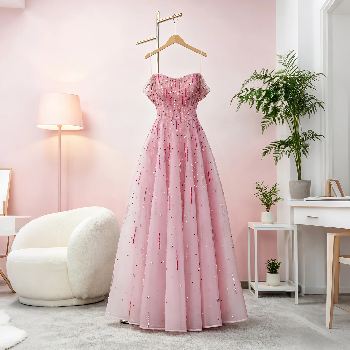 Sharon Said Dubai Elegantes Luxuriöses Rosa Schulterfreies Abendkleid mit Perlenstickerei A-Linie Damen Hochzeitsfeierkleider 2026 SS226 Maßanfertigung – Detail 12