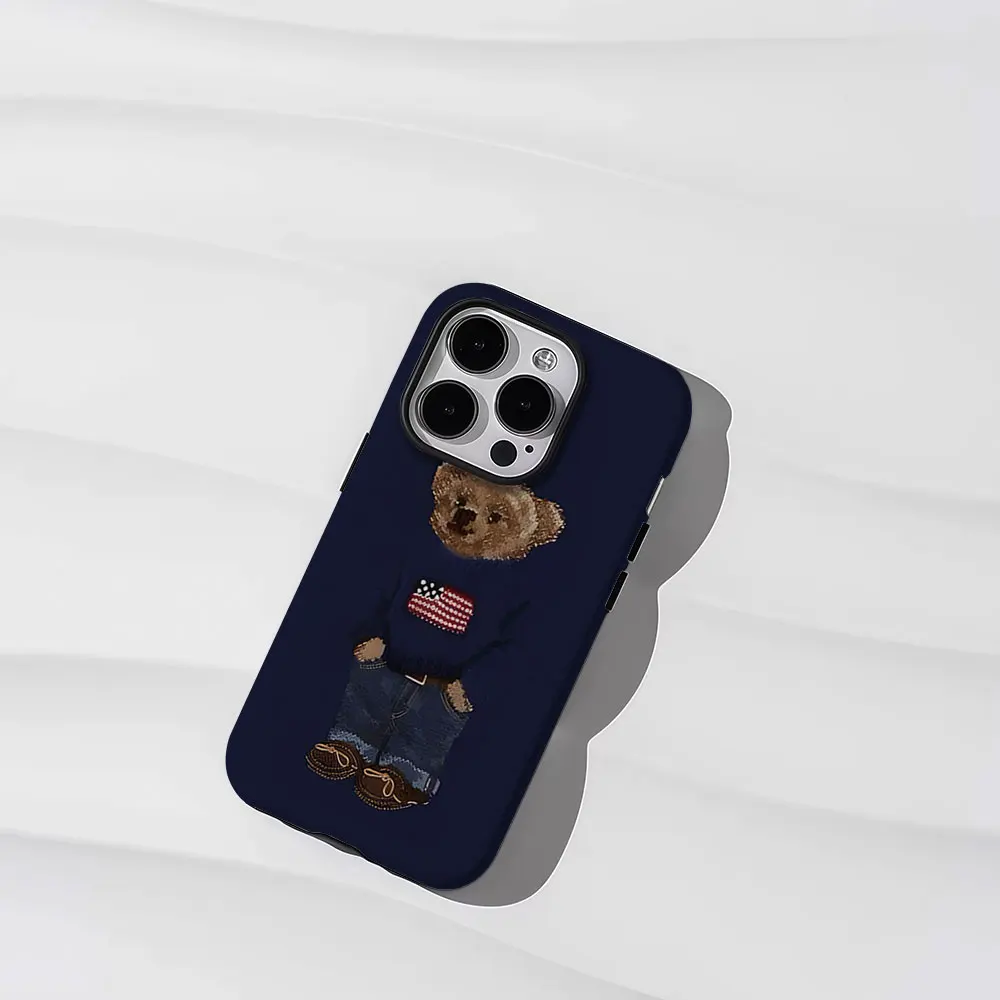 Ralph Lauren Teddy Bear 2-in-1 Phone Case For iPhone 17 16 15 14 13 Pro Max Air 16e INS Flower Hard PC Bumper Cover Coque view 2