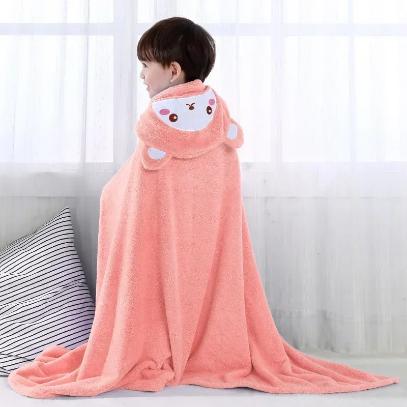 Quick-drying Coral Velvet Bathrobe Hooded Cartoon Cloak Softand Comfortable Children\'s Bath Towel Cloak Baby Belt Cap Bath Towel