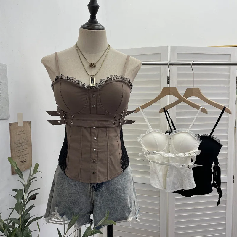 Women's Top Y2K Hot Girl T-Shirt Lace Trimmed Padded Patchwork Sling Shirt with Back Center Zipper Cropped Outfits  6228