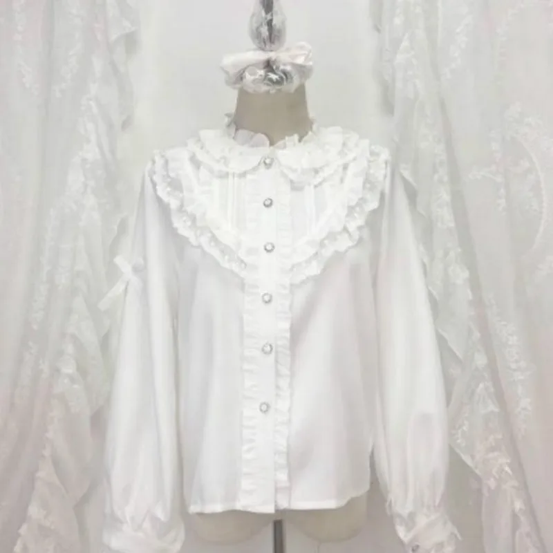 

Japanese Preppy Style Autumn Spring Women White Shirt Stand Collar Ruffles Femininos Blusas Cute Kawaii Sweet Lolita Girl Blouse