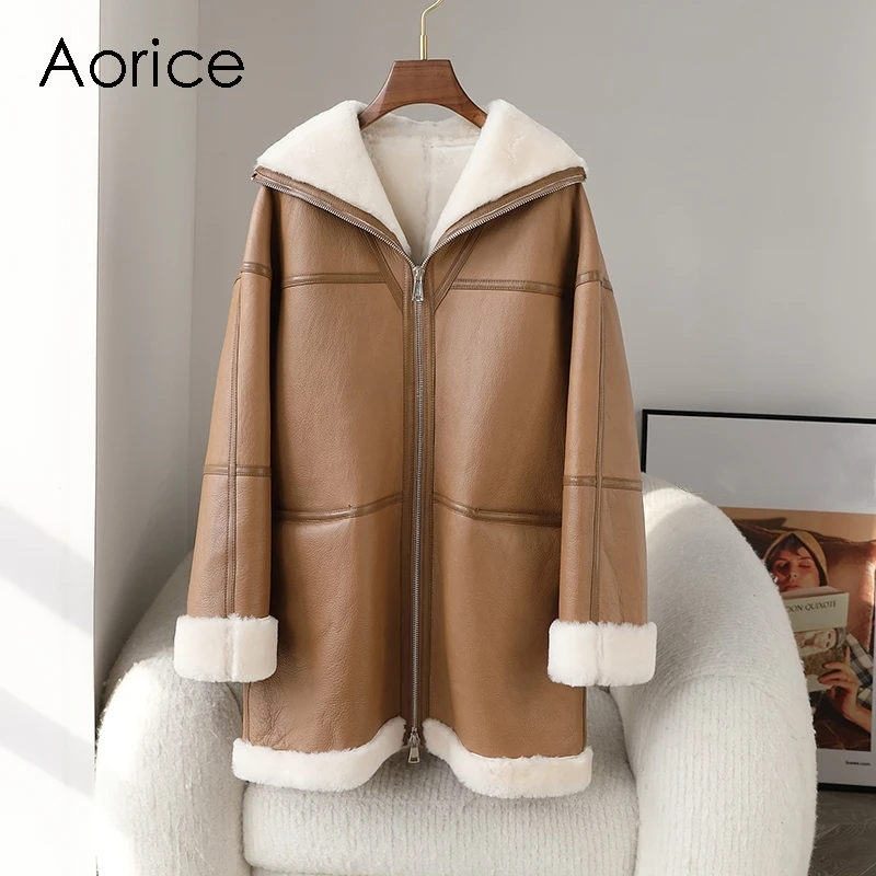 

Aorice New Design Genuine Leather Winter Warm Jacket Real Sheep shearing Fur Lining Elegant Coat CT332