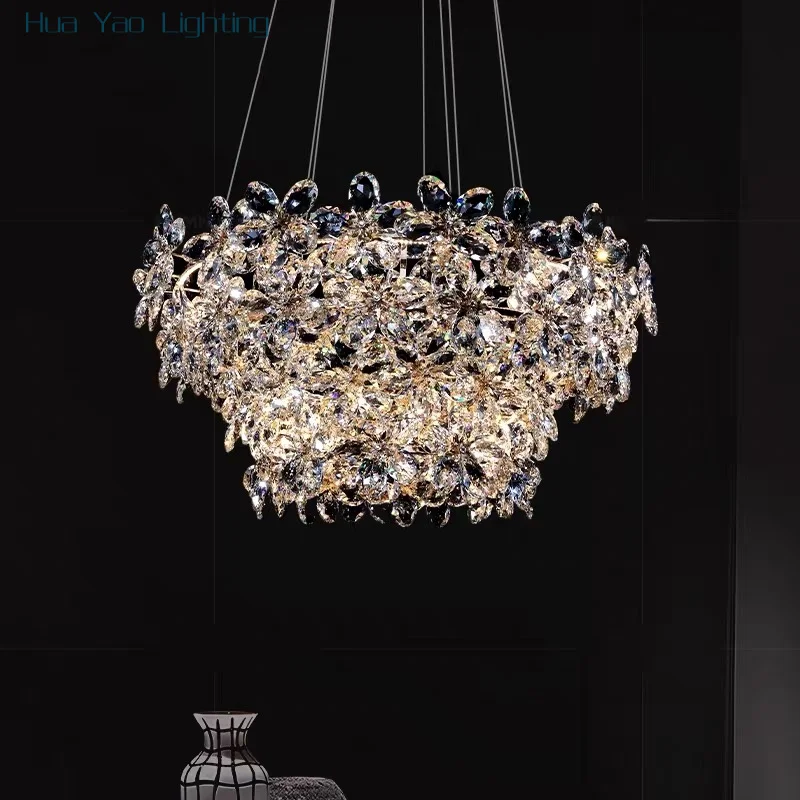 Luxury Gold Chandelier K9 Crystal Flowers Pendant Lamp for Dining Room Hotel Hall Living Room Villa Decor LED Hanging Light