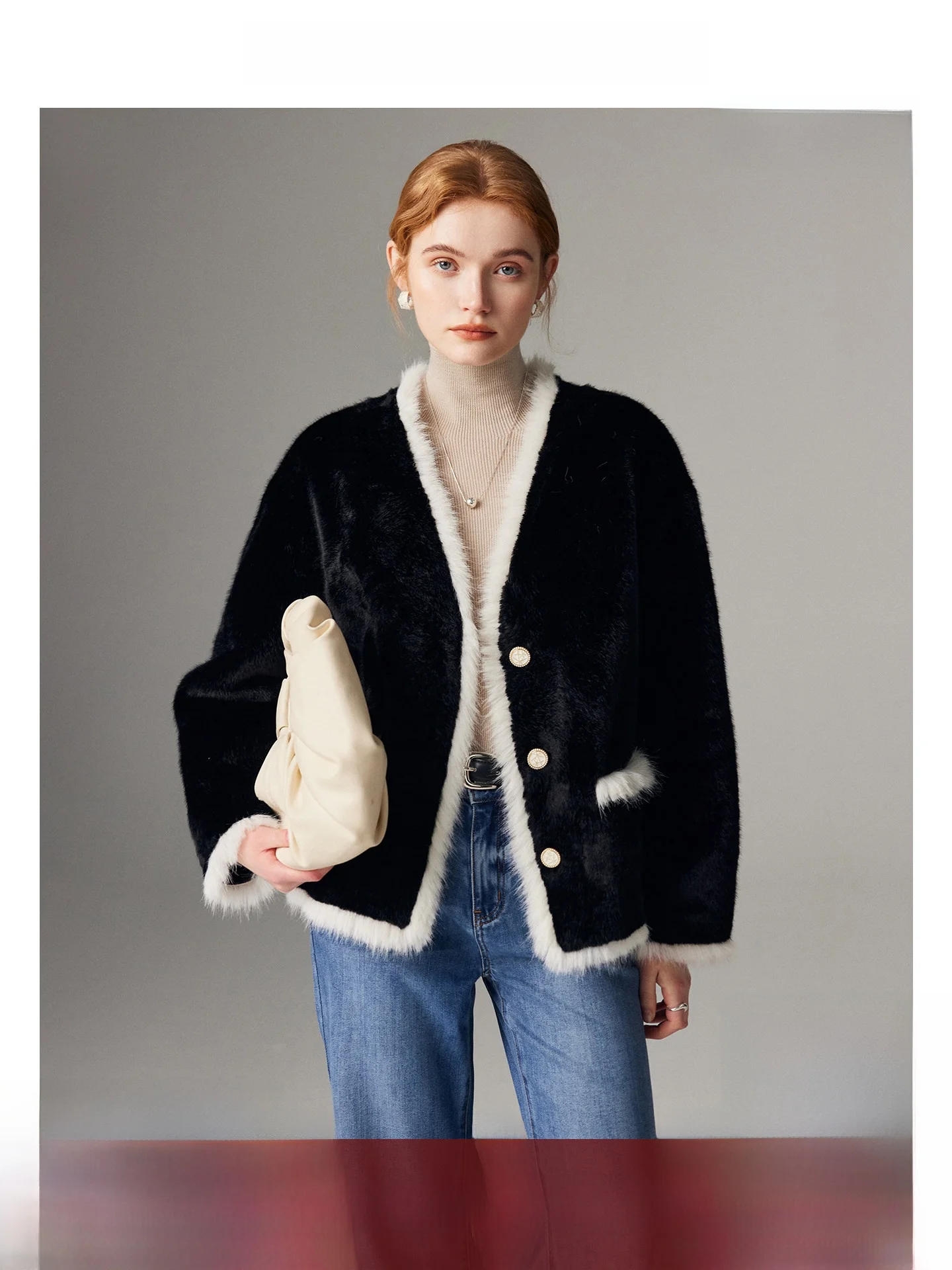 

Элегантное женское пальто из искусственного меха с кожаными вставками, осенне-зимняя новинка, открытый кардиган в стиле колор-блок, для утонченных дам