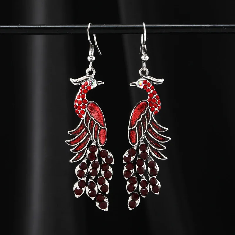 Vintage Temperament Ethnic Peacock Earrings for Women Elegant Drop Oil Rhinestone Silver Color Dangle Earring Party Jewelry