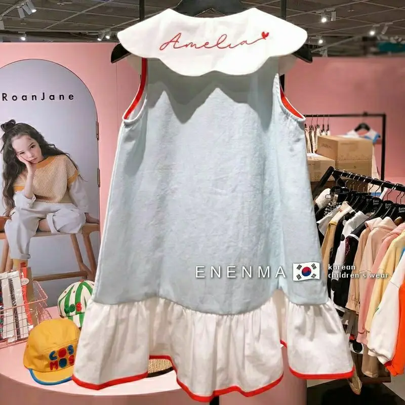 Teenage Girls' Dress Summer Style Girls' Lotus Collar Sleeveless Dress Children's Fashionable Love Lace up Vest Dress