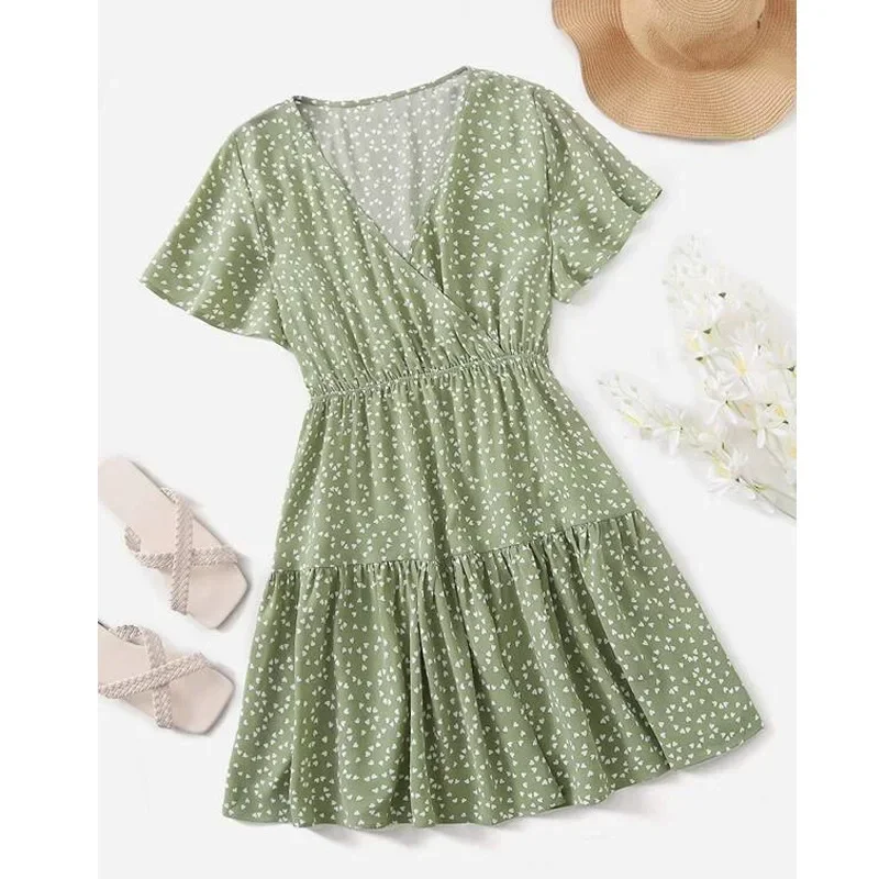 Sexy Deep V-Neck Mini Dresses For Women Summer Plus Size Print Ruffle Short Sleeve Boho Vestido Feminino A-Line Elegant Dress