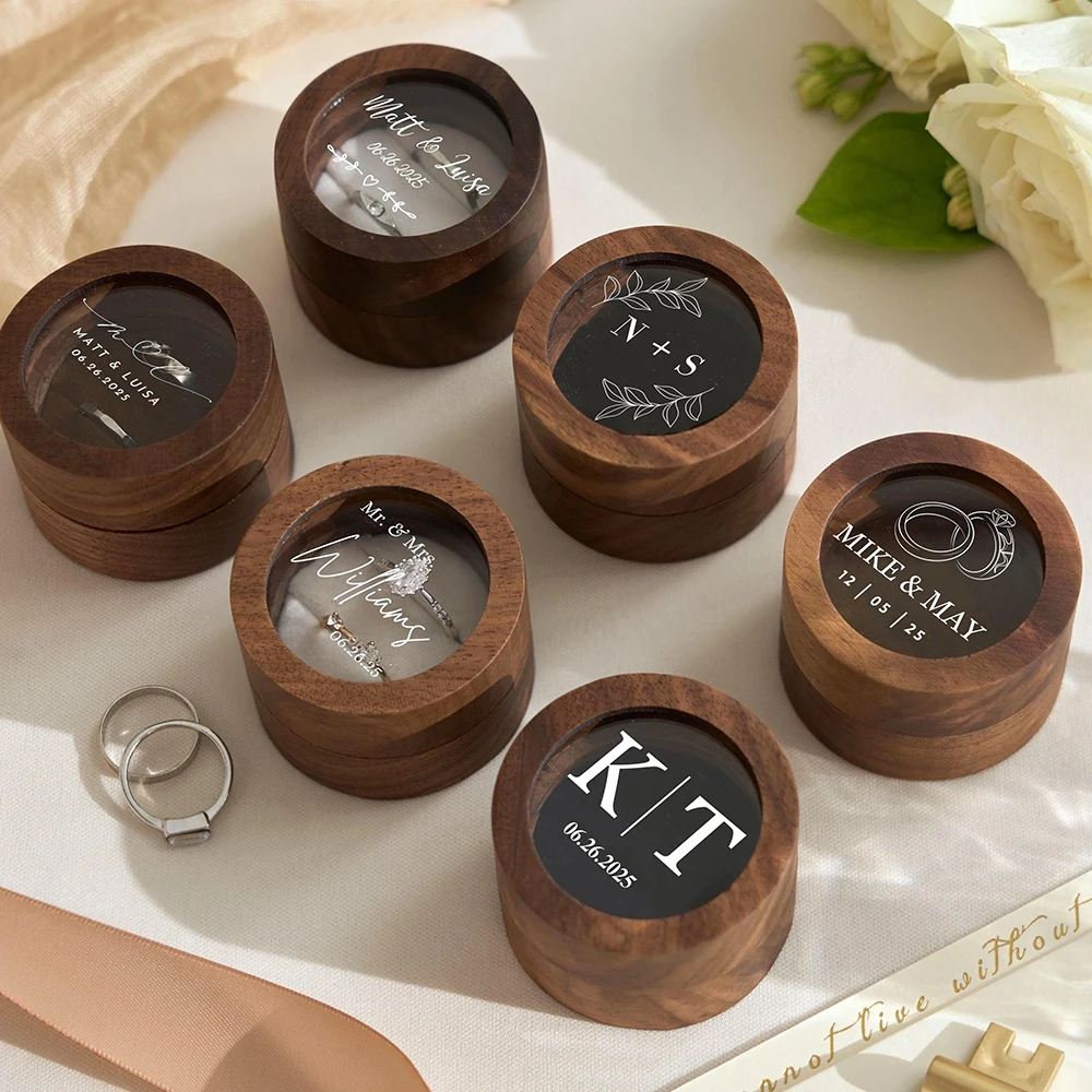 

Custom Logo Walunt Wood Ring Box Wooden Engraving Wedding Proposal Engagement Round Wood Personalized Name and Date Ring Box