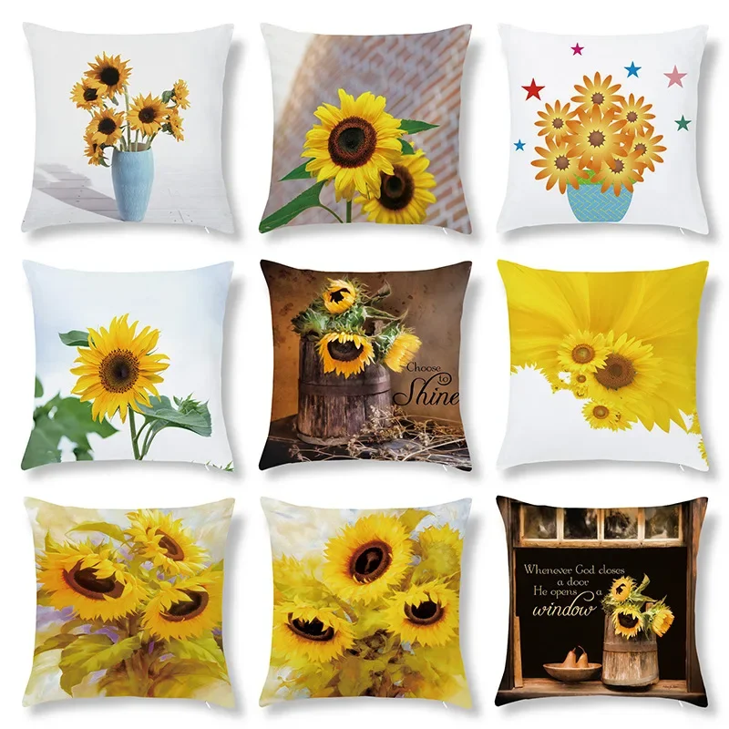 

45X45 Sunflower Printed Cushion Cover Sofa Home Decorative Pillow Covers Print Pillowcase Splendid Flower Plant Pillow Cover