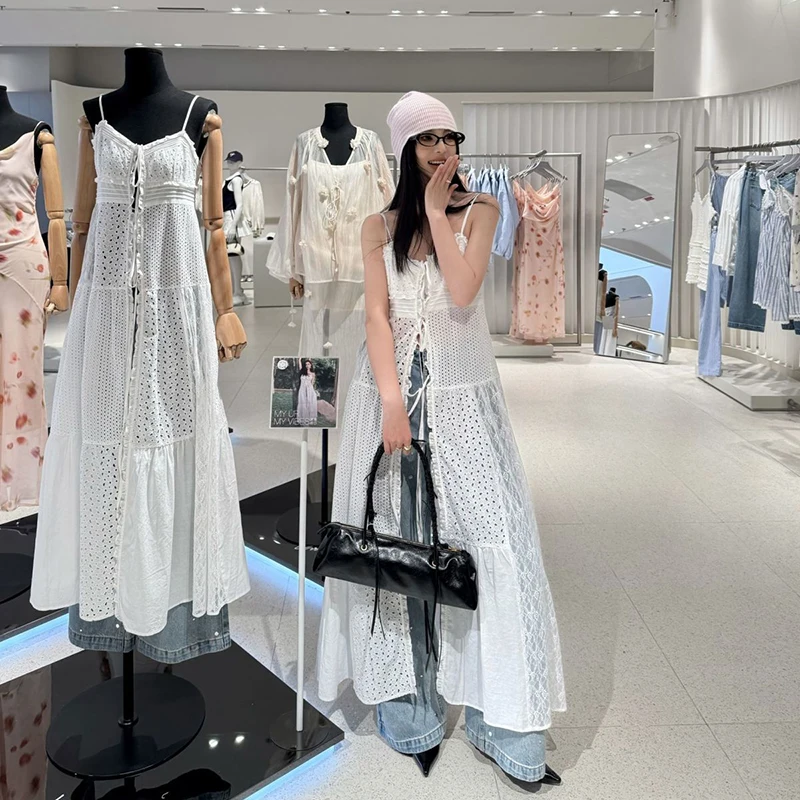 ลูกไม้Patchwork Camisชุดผู้หญิงY2K Holiday Beachชุดยาวแขนกุดเกาหลีแฟชั่นHarajukuเซ็กซี่สีขาวLace Up Vestidos