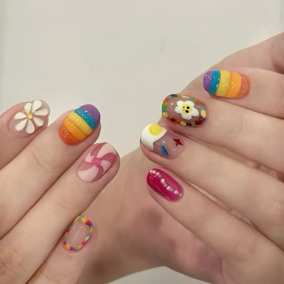 

10pcs Rainbow Dopamine Handmade nail tips 3D press on nails Fake nails Nail tips False nails Stick-on nail