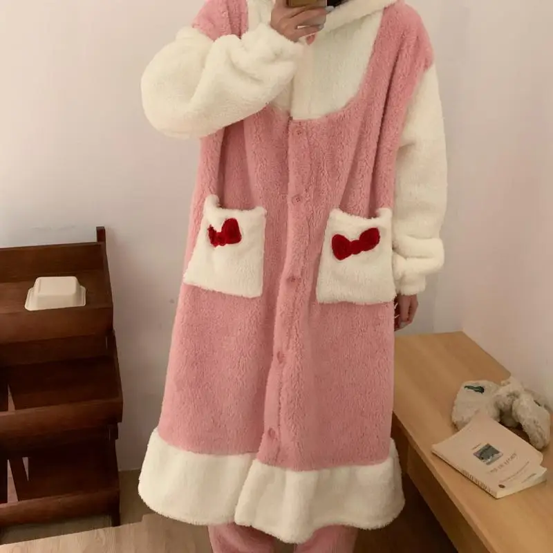 Setelan baju celana panjang bertudung, setelan celana panjang jubah bertudung tebal Miniso Kawaii Hello Kitty Comic modis, pakaian santai piyama hangat untuk pelajar