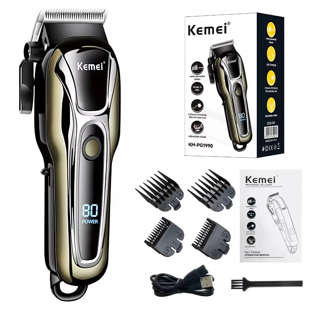 Kemei KM-PG1990A USB Rechargeable Electric Hair Clipper Professional Cordless Men Hair Trimmer Men's Hair Cutting Machine