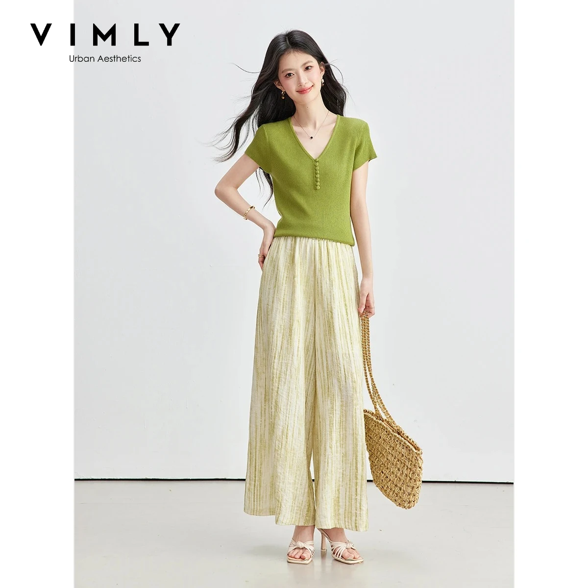 

VIMLY Casual Summer Sets Woman 2 Pieces 2026 New V-Neck Knit Short Sleeve Top Gradient Tie-Dye Wide Leg Pants Outfits A6382