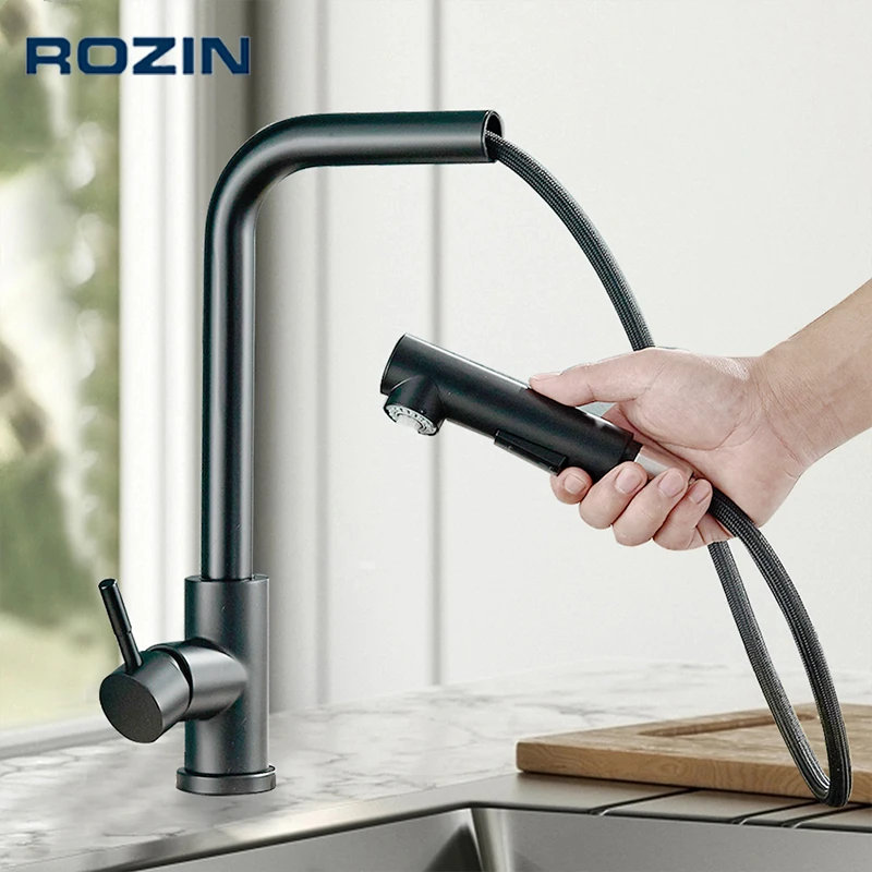 Rozin Flexible Gourmet Kitchen Faucet Black Pull Out 2 Ways Nozzle Faucets 360° Rotation Hot Cold Water Sink Mixer Tap SUS304