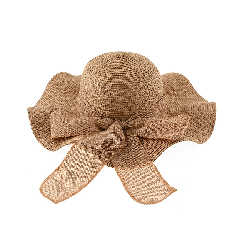 Straw Hat For Women Summer New Sweet Bow Wave Ribbon Large Brim Sun Protection Beach Hat Outdoor Sun Hat Combination With Bag