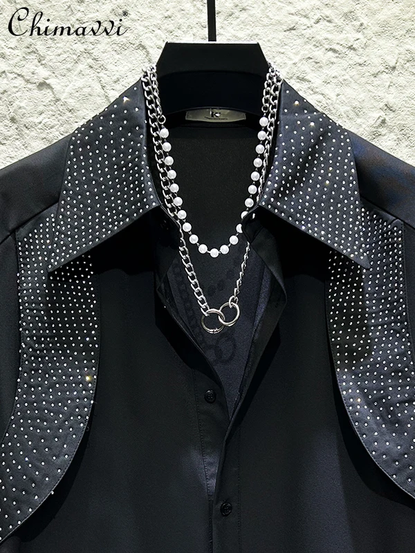 2025 Autumn New Fashion Light Luxury High-end Heavy Rhinestone Shirt Men's Unique Design Long Sleeve Loose Handsome Shirt Top