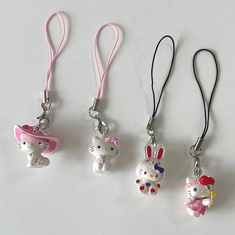 Kawaii Pink Bow Hat Hello Kitty Keychain Harajuku Girl Angel Hello Kitty Bag Mobile Phone Pendant Charm Birthday Gift Ornament