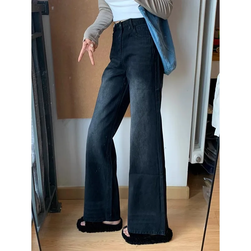 ハイウエストノンレギンス裏地付きデニムジーンズレディースプラスサイズストレートレッグマイクロフレアパンツ秋スリルーズワイドレッグ...