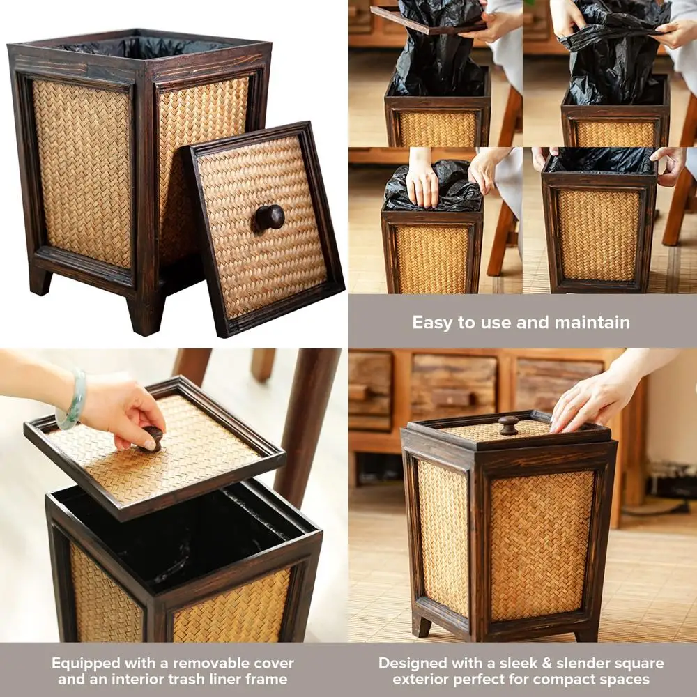 

Handwoven 7L Brown Square Trash Can with Lid - Small Decorative Waste Basket for Bathroom and Kitchen