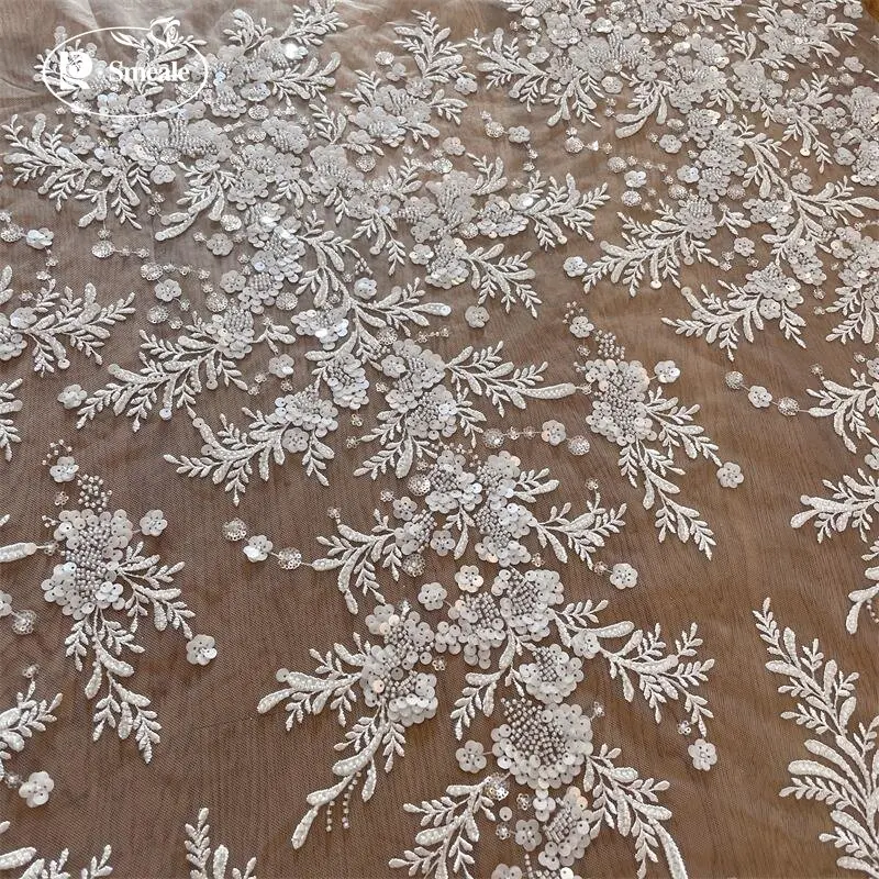 Embroidered Lace Fabric for Wedding Dress Shining, 3D Flowers, Beaded Sequins, Off-White, RS4081