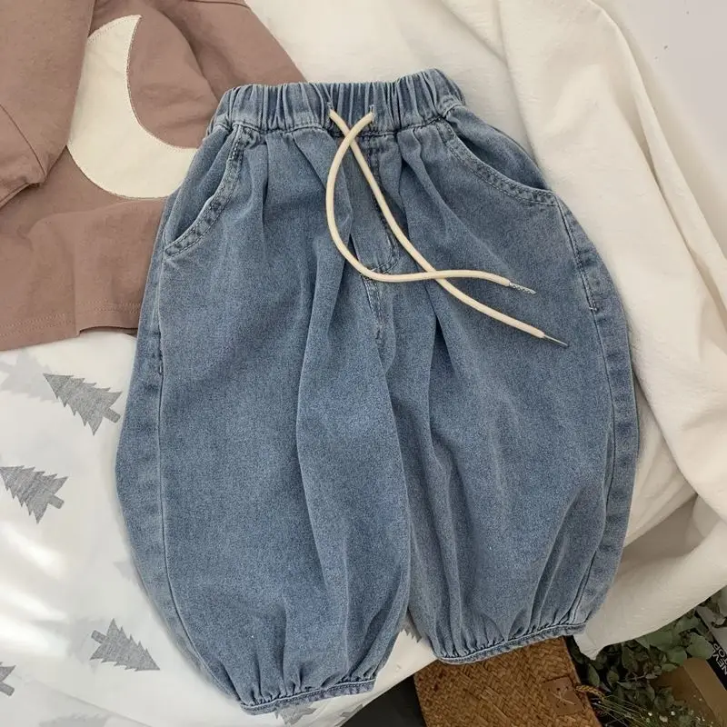 الأطفال الرجعية لينة الجينز ربيع الخريف جديد الفتيات أزياء تنوعا الضوء الأزرق السراويل الفتيان الكورية الصلبة فانوس السراويل #1
