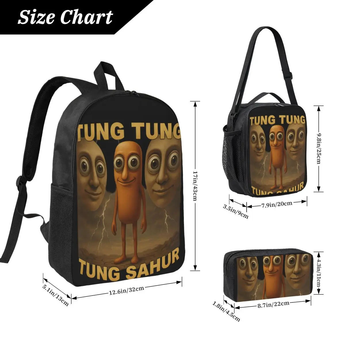 3pecs/set Tung Tung Tung Sahur Backpack for Boys Girls Italian Brainrot Meme High School Canvas Bags Lunch bag Pencil Case