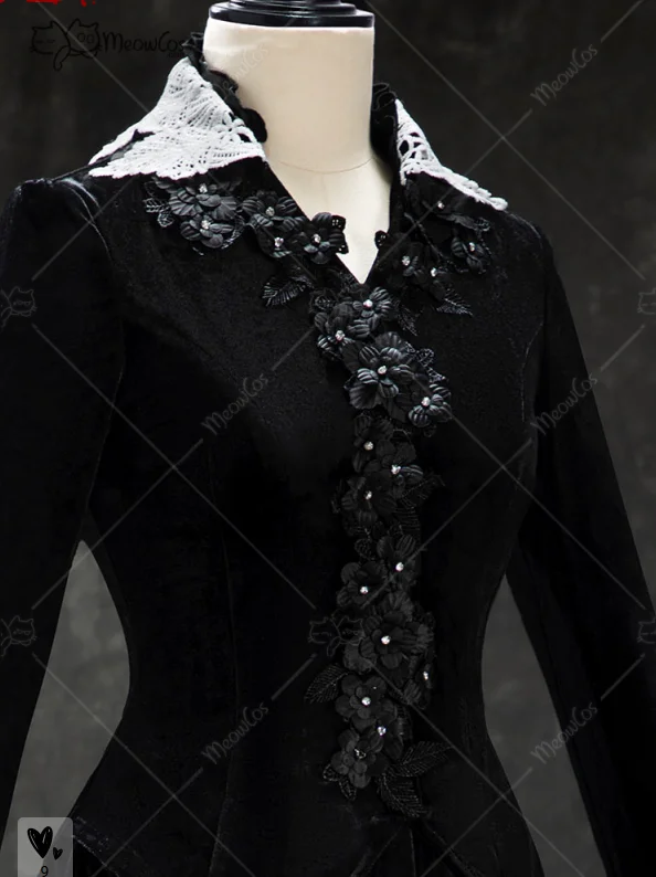 ชุดคอสเพลย์สไตล์โกธิคสีดำสำหรับผู้หญิง MEOWCOS ประกอบด้วยเสื้อแขนยาวและกระโปรงยาวผ้ากำมะหยี่แบบวินเทจ