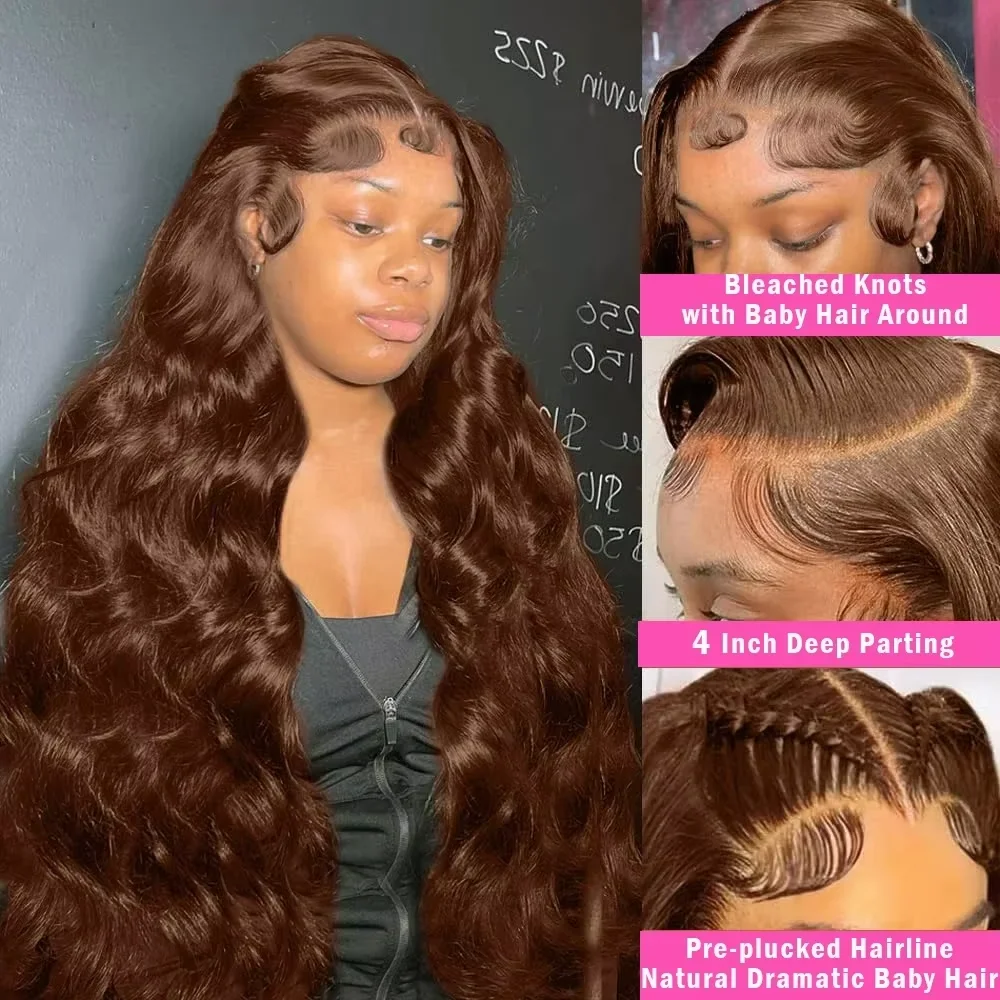 13 × 4 13X6 Hd Lace Frontale Body Wave Pruik Chocoladebruin #4 Gekleurde Voorkant Menselijk Haar Pretokkelpruiken Voor Vrouwen 200% Dichtheid