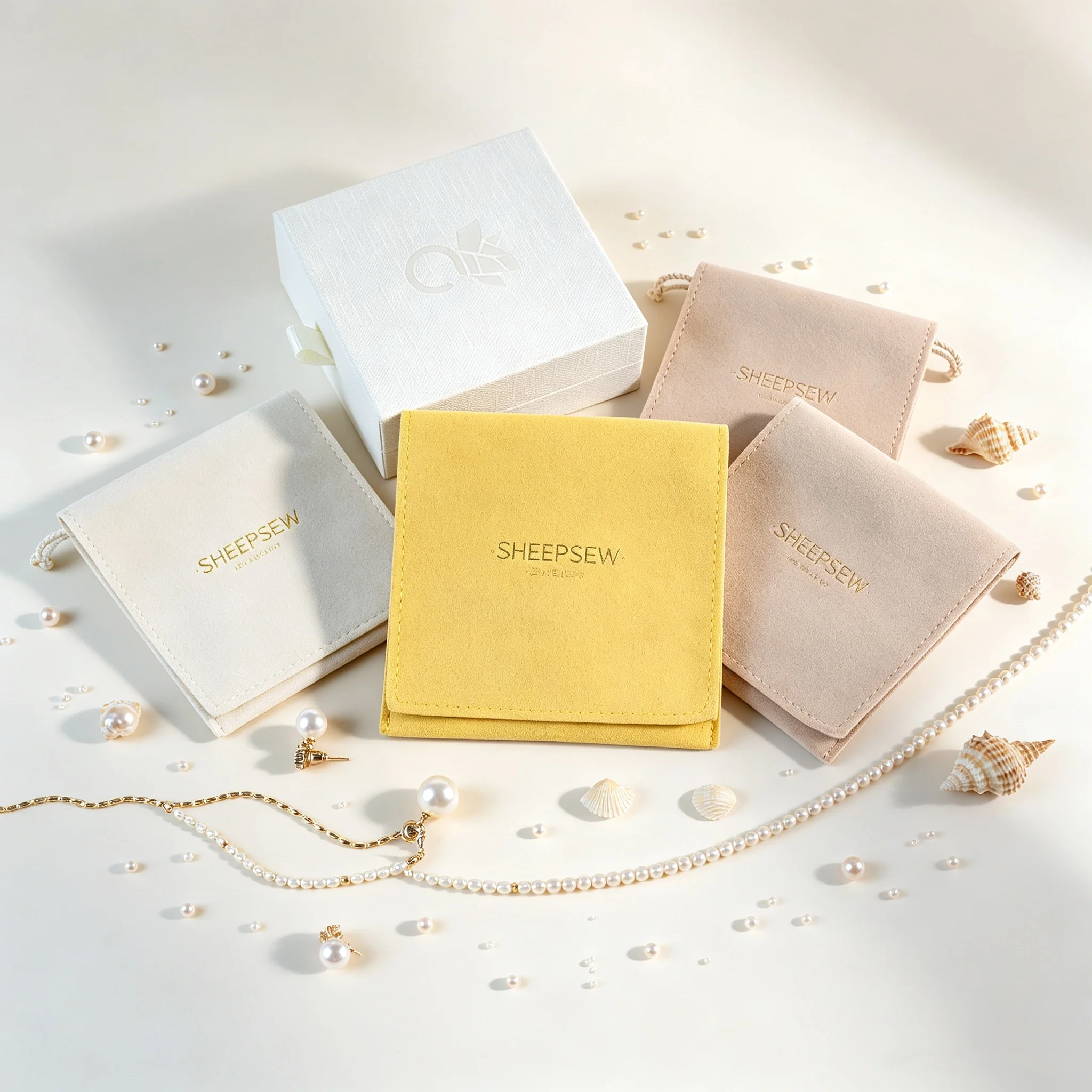 SheepSew Baby Pink Envelope Flap Jewelry Pouch Custom Gold Foil Logo Soft Microfiber Suede Portable Snap Bag For Daily Earrings