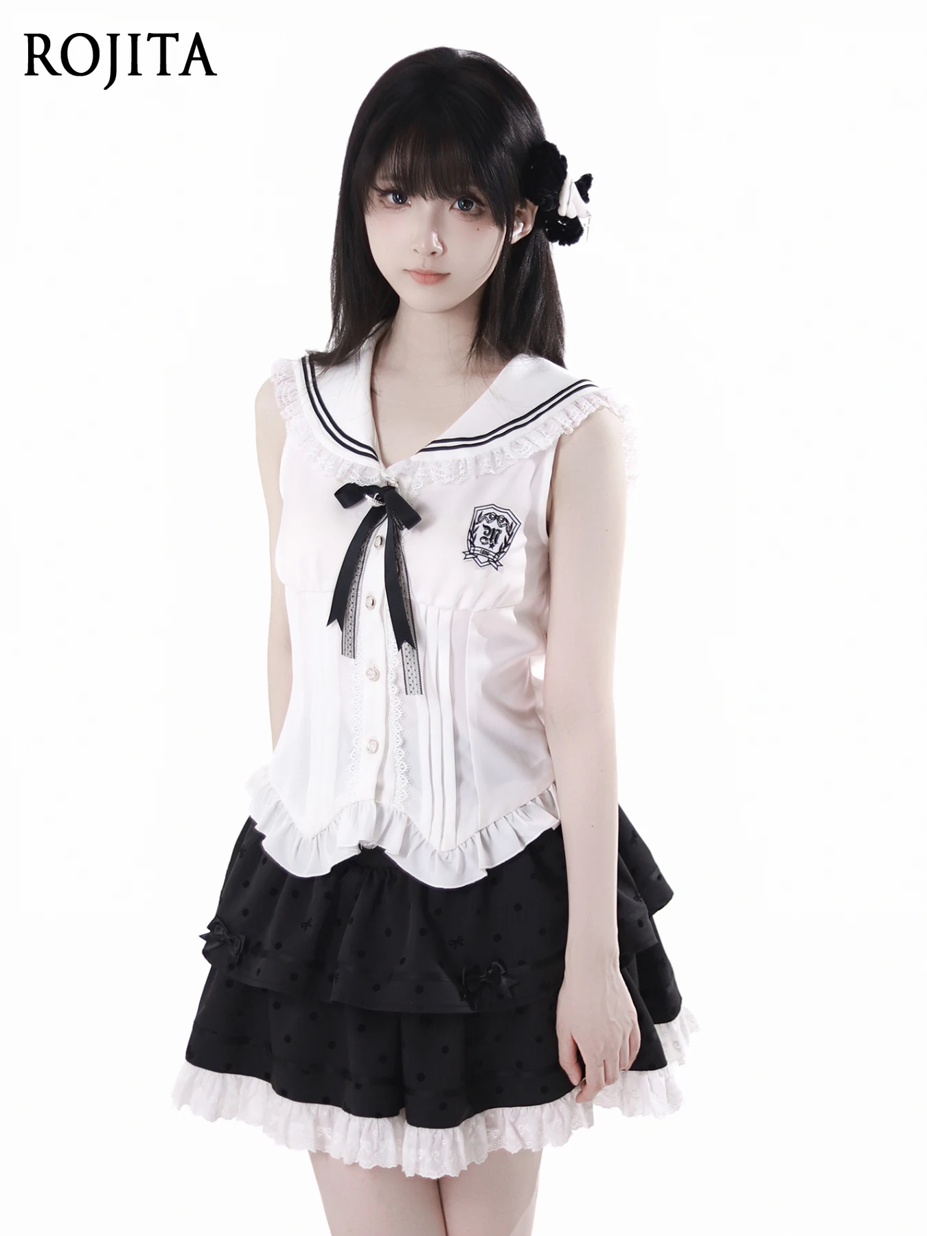 

Navy Neck Sleeveless Waist Shirt Sweet and Cute Japanese Style Summer High Waist Skirts for Women 2025 New Fluffy Skirt