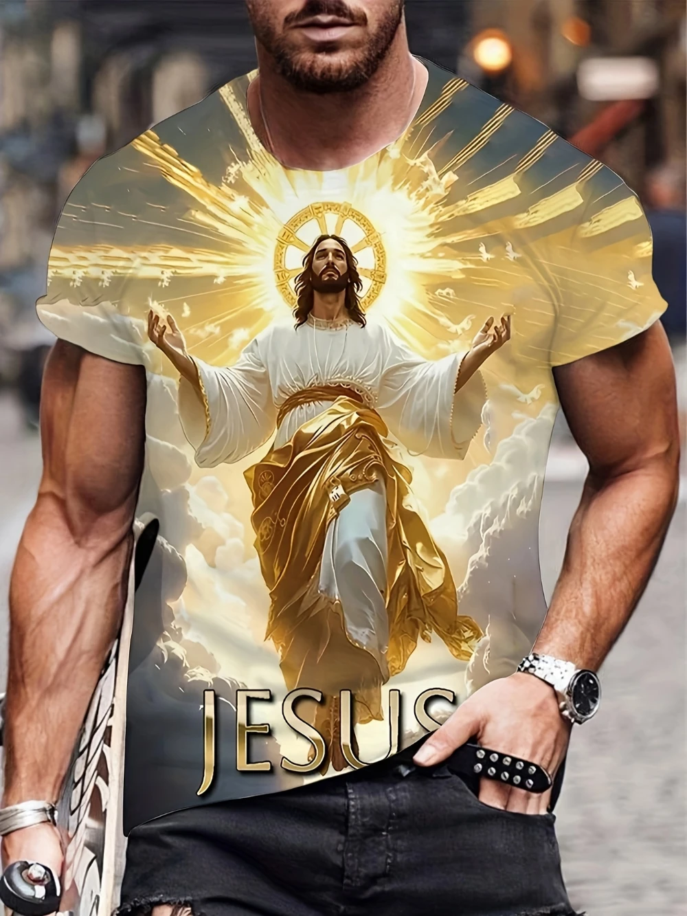 تي شيرت يسوع مطبوع ثلاثي الأبعاد للرجال كاجوال برقبة دائرية نمط صيفي خفيف الوزن وجيد التهوية قميص بطابع الكتاب المقدس ملابس مسيحية