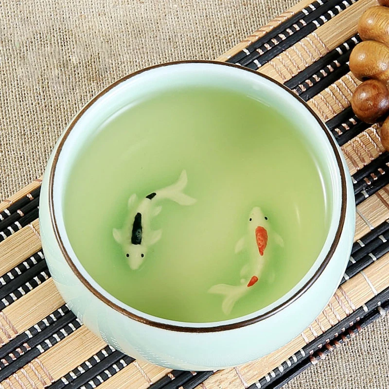 45ml/80ml Handpainted Ceramic Embossed Double Carps Teacup Longquan Celadon Fish Luohan Vintage Personal Cups Green Blue