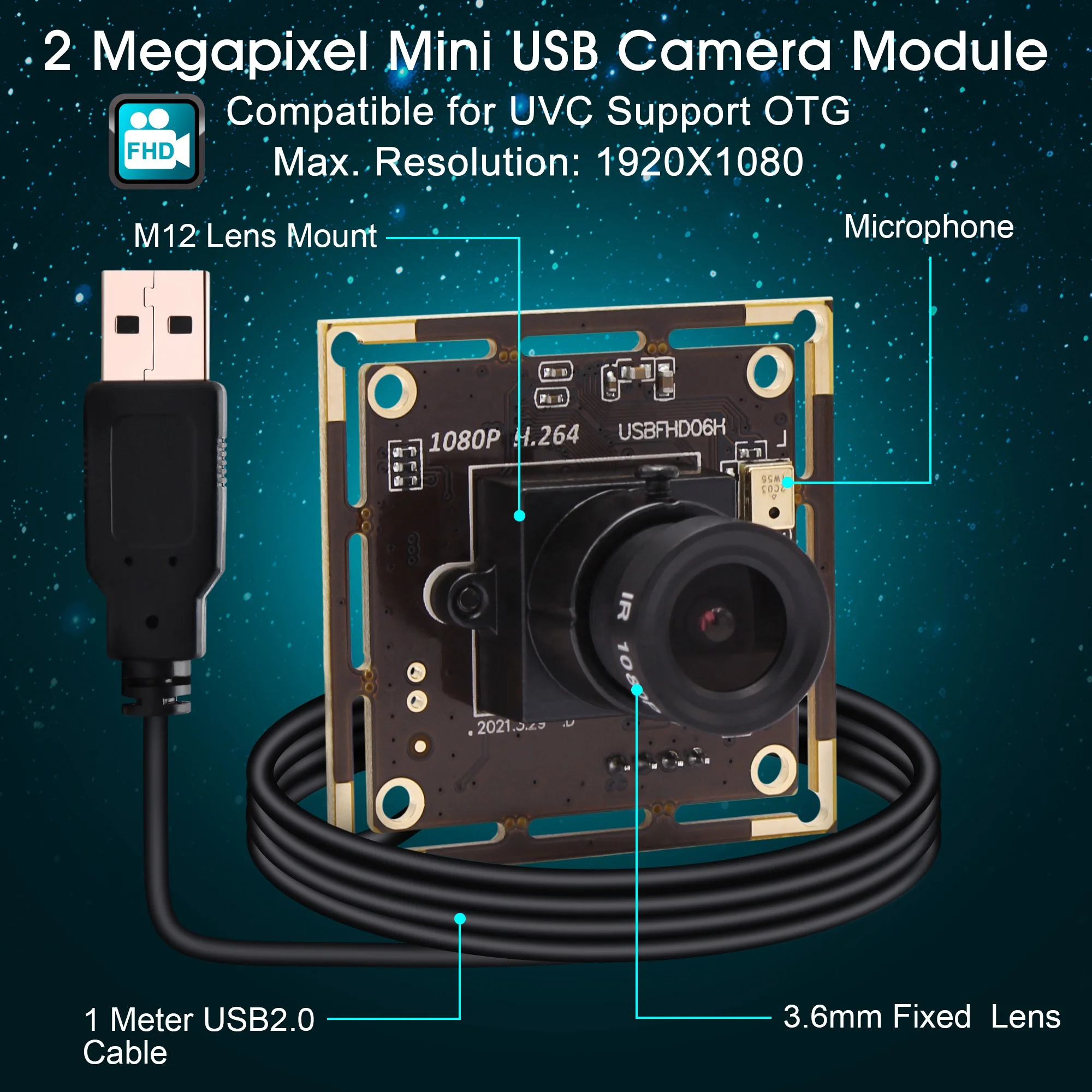 GOOD IMX323 Sensor Mini H.264 USB Camera Module Full HD 1080P Low Light with 3.6mm Lens for Robot Vision, Video Surveillance