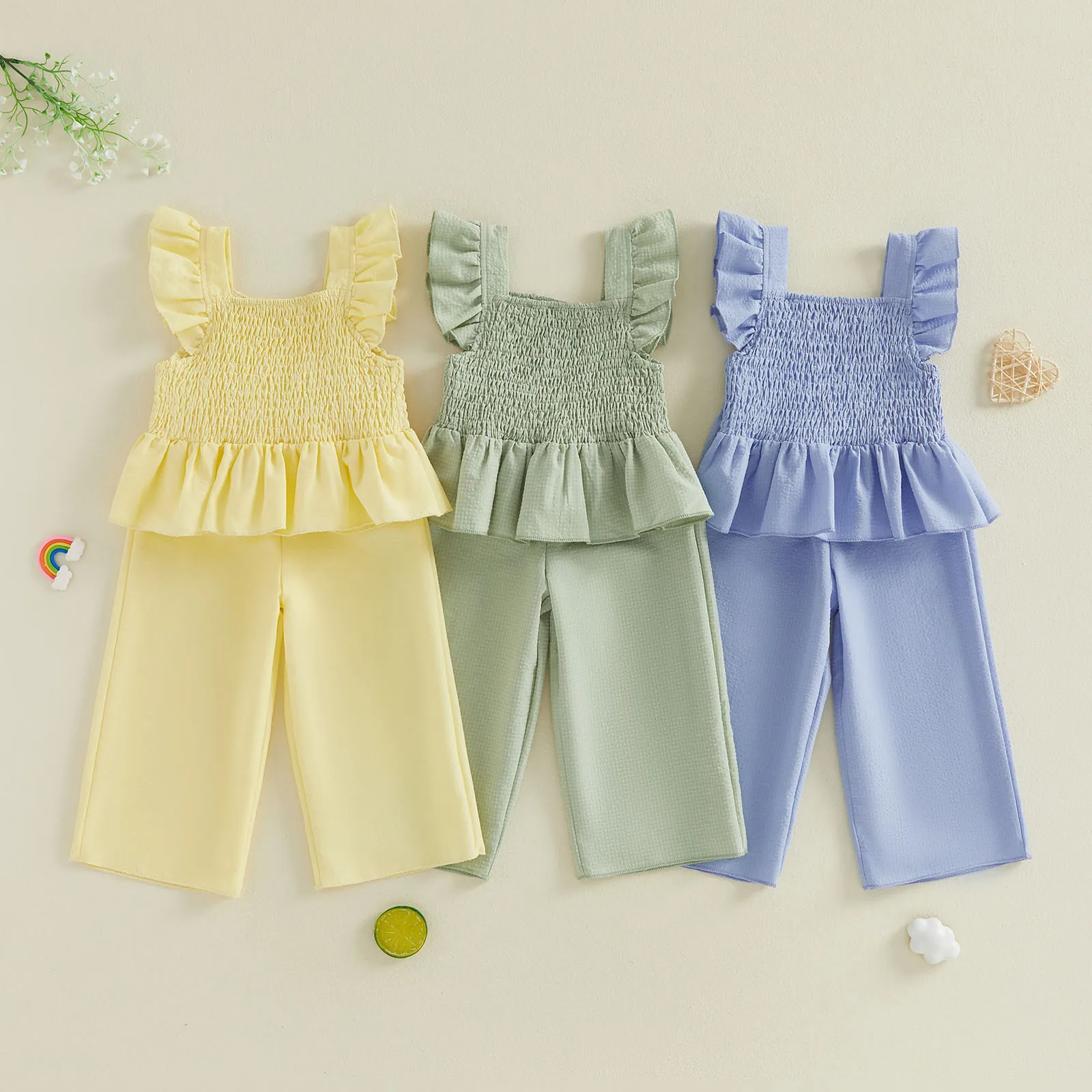 FOCUSNORM 0-5Y 2Pcs Toddler Kids Girls Summer Clothes Sets Ruffles Flying Sleeve Square Neck Solid Smocked Vest Tops Pants Set