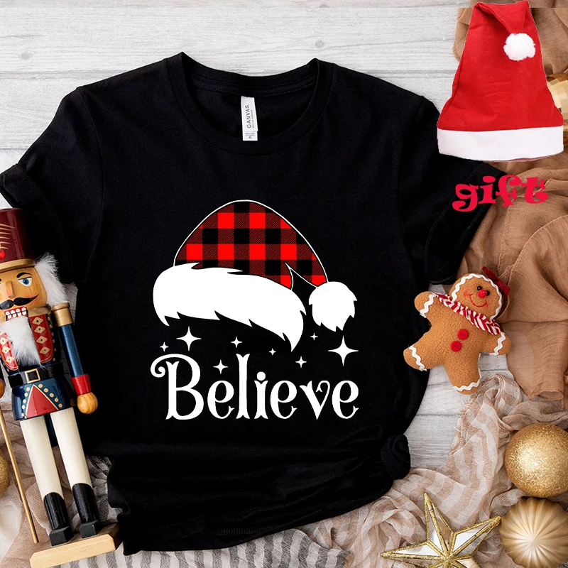 Believe Shirt for Merry Christmas Print Women Tees Harajuku Fashion Tshirt Matching Family Firends Xmas Party Top Gift Santa Hat