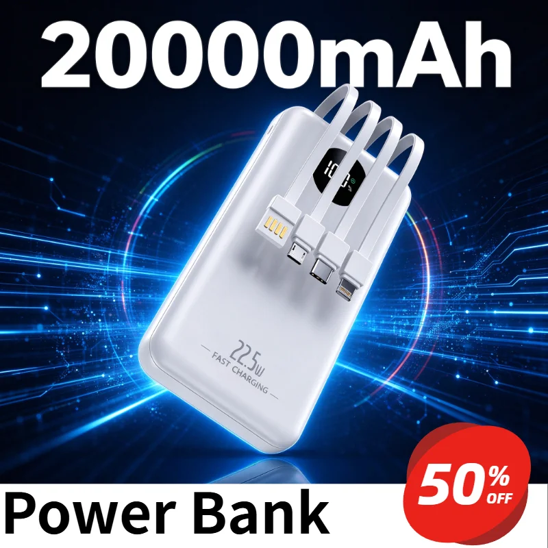 Power Bank 20000mAh 10000mAh 22.5W Fast Charging Portable Charge External Battery Built in Cable Digital Display PowerBank