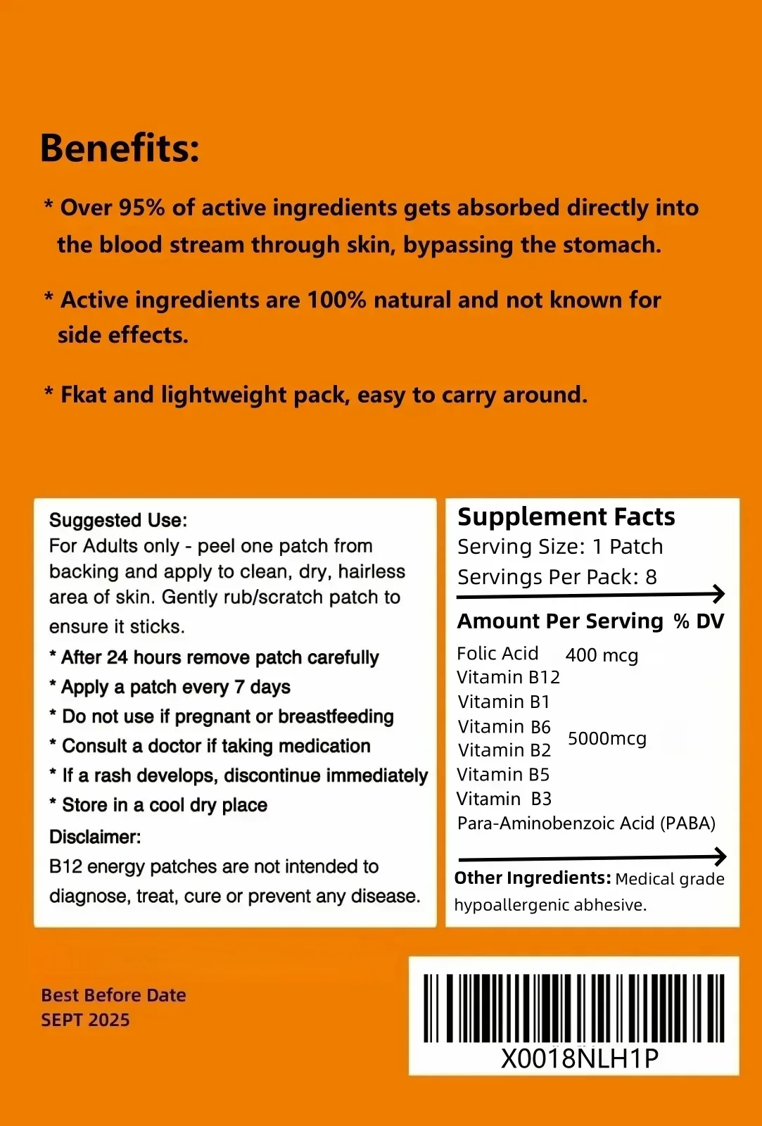 مجمع فيتامين ب 8 رقع عبر الجلد B1، B2، B3، B5، B6، B12، D-বায়োটين وحمض الفوليك، صنع في الولايات المتحدة الأمريكية، توريد 8 أسابيع #3